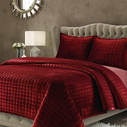 Tribeca Living Samt-Doppel-Bettwäsche-Set, zweiteiliges Boxstich-Bettwäsche-Set beinhaltet eine übergroße Steppdecke und einen Kissenbezug, 260 g/m², superweicher Samt, Florenz/Burgunderrot