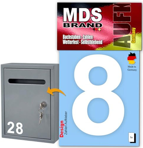 MDS Brand Design 10cm Zahlen Aufkleber | Selbstklebende Klebezahlen für Briefkasten, Mülltonne, Hausnummer Aufkleber für Außen & Innen Weiss (8)