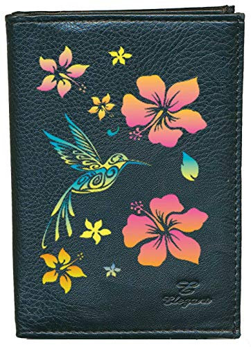 Syl'la Colibri Hibiscus Orange Portefeuille Porte Monnaie pour Femme Noir en Simili Cuir