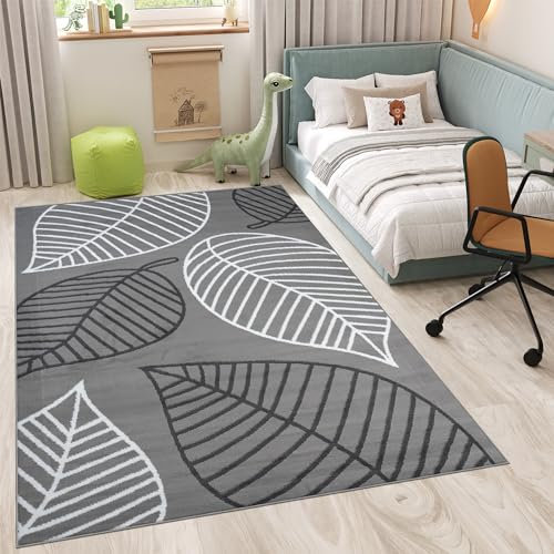 TAPISO Luxury Teppich Kurzflor Grau Schwarz Weiß Modern Blatt Floral Muster Kinderzimmer Wohnzimmer Jugendzimmer Schlafzimmer ÖKOTEX 200 x 300 cm