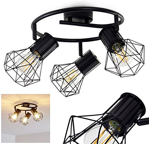 Deckenleuchte Bardhaman, runde Deckenlampe aus Metall in Schwarz, 3-flammig, mit verstellbaren Strahlern, 3 x E27 -Fassung, Spot im Retro/Vintage Design, ohne Leuchtmittel