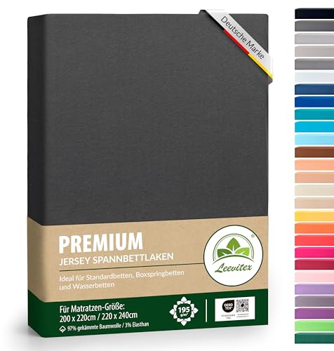 leevitex® Premium Wasserbett & Boxspringbett Spannbettlaken | Spannbetttuch | 200 x 220 bis 220 x 240 | 97% Mako-Jersey-Baumwolle | 3% Elastan | Anthrazit/Grau | 195 g/m²