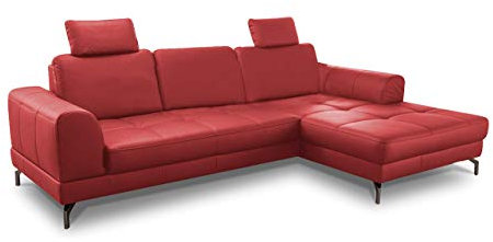 CAVADORE Ledergarnitur Benda / Großes Ecksofa mit XL-Longchair rechts & Federkern / Inkl. Sitztiefenverstellung & Kopfstützen / 284 x 87 x 175 / Echtleder: Rot