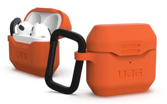 Urban Armor Gear Standard Issue Silikon Case für die Apple AirPods 2021 Hülle - [Texturiertes antibakterielles Silikon, Abnehmbarer Karabinerhaken, Wireless-Charging kompatibel] - orange 10292K119797