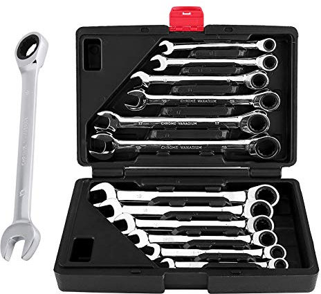 Ejoyous 12 Pièces Clés à Cliquet, 8-19 mm Jeu de clés Mixtes Clef Plate a Cliquet Clé à Fourche Clé Polygonale avec 5° Angle de Retour et Valise à Outils pour Les travaux de Bricolage
