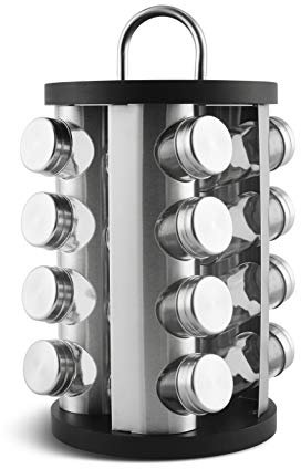Gewürzkarussell Drehbar 360° - Gewürzregal Stehend mit 16 Gewürzgläsern, Edelstahl und Bambusholz - Modern Küchen Organizer und Dekoration (Schwarz_2)