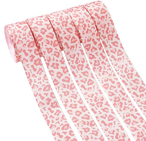 Pandahall 5 Rollen Ripsband mit Leopardenmuster, 2,5 cm breit, Tier-/Geparden-Druck, Bastelband für Stirnbänder, Haarschleifen, Geschenkverpackungen, Nähen, Basteln (hellrosa, 4,5 m/Rolle)