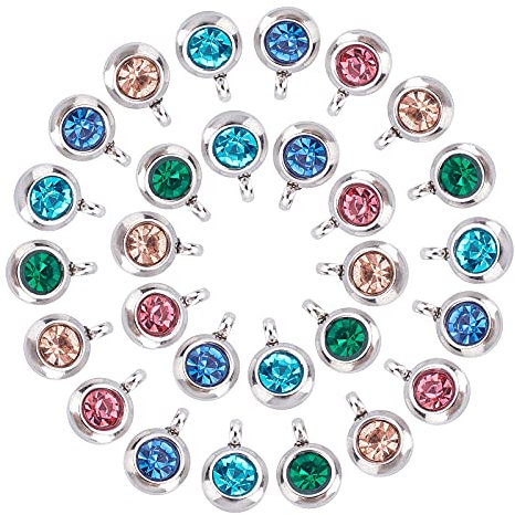 UNICRAFTALE Über 30pcs 5 Farben Flache Runde Strass Anhänger Edelstahl Kristall Geburtsstein Anhänger Facettierte Kristall Charms Schmuck Anhänger Für Schmuckherstellung Loch 2mm