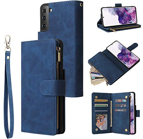 QLTYPRI Hülle für Samsung Galaxy S22, Premium Leder Handyhülle mit Große Kapazität 6 Kartenfach & 1 Reißverschluss Tasche Ständer Schutzhülle für Samsung Galaxy S22 - Blau