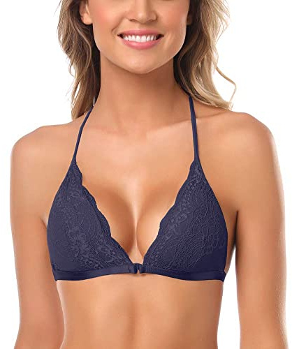 SHEKINI Brassiere Femme sans Armature Soutien Gorge en Dentelle Bralette Triangle Brassière avec Coussinets Amovibles Fermeture en Avant Lingerie Crop Top Dos Nu Chic et Élégant