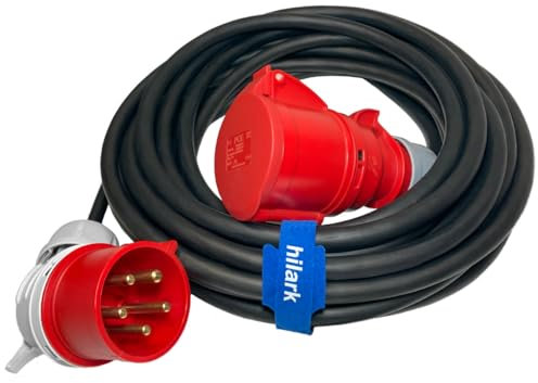 Hilark Cavo di prolunga in gomma H07RN-F Spina angolare IP44 400V per cantiere, industria, esterni (1 metri, 5g2,5 mm 16A, Nero)
