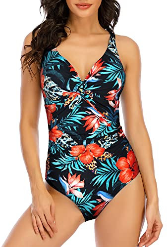 WIN.MAX Maillots de Bain Une pièce pour Femmes Maillots de Bain pour Le contrôle du Ventre Push up Maillots de Bain Monokini froncés, pour Cupule D à G (Fleur Tropicale, FR44)
