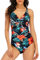 WIN.MAX Maillots de Bain Une pièce pour Femmes Maillots de Bain pour Le contrôle du Ventre Push up Maillots de Bain Monokini froncés, pour Cupule D à G (Fleur Tropicale, FR44)