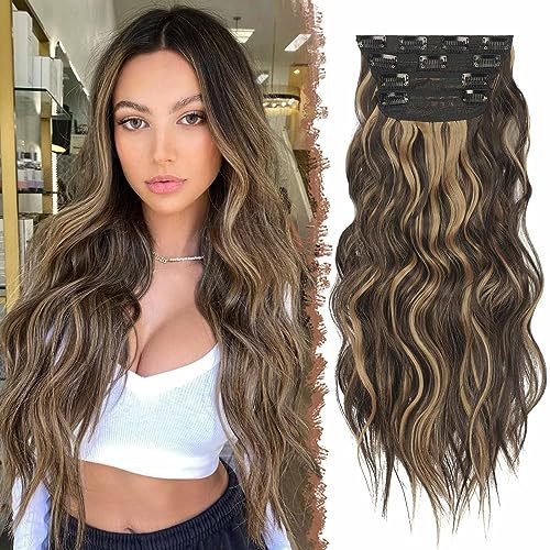 FESHFEN Clip in Extensions, 4PCS Haarverlängerungen mit Clips Synthetik Gewellte Haarextension Schokoladenbraun hervorgehoben Karamellblond Wavy Haar Extensions Clip in Haarteil für Frauen, 50 cm