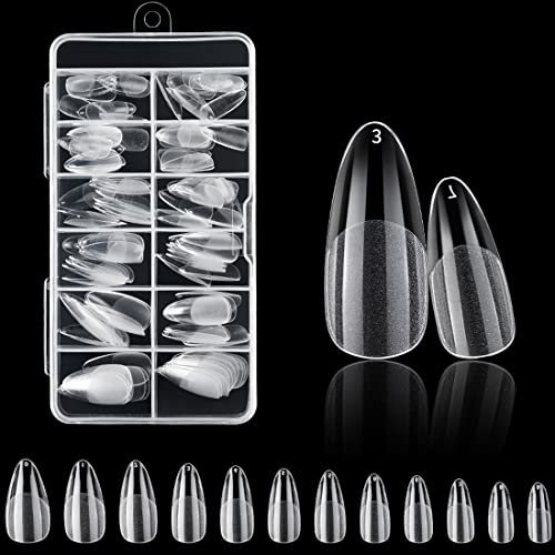 120PCS Clear Half Frosted Nails Tip Almond Acrylic Fake Nails Full Cover Artificial Nail Tips 12 Sizes Medium Length For Nail Salons and Home