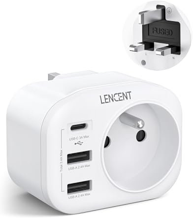 LENCENT Adaptateur Prise Anglaise Française, avec 2 Ports USB et 1 Port USB-C adapté à Angleterre, Irlande, Royaume-Uni, Écosse, Adaptateur électrique Mâle UK/Femelle France, Type G