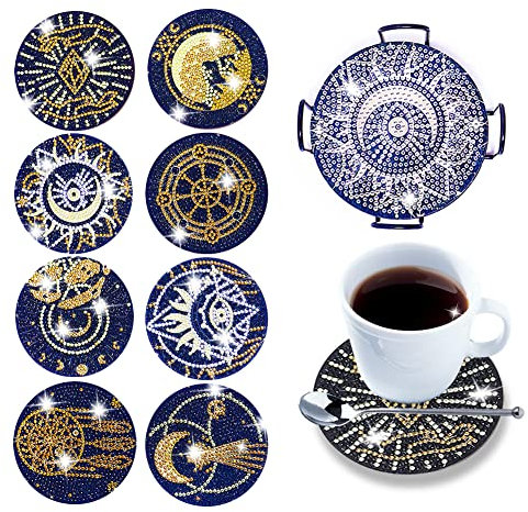 Starnearby 8PCS Dessous de Verre Peinture Diamant Bricolage sous Verre en Diamond Painting Coussin d'isolation en Bois Anti-dérapant Tapis de Tasse avec Support pour Boissons et Coupes