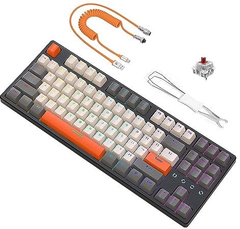 ATTACK SHARK K87 TKL Hot Swappable Wired Mechanical Gaming Keyboard with Custom Coiled USB C Cable, Red Switch Full Key Anti-Ghosting,LIGHTSYNC RGB Programmable,Type-C USB Cable White,for PS4/MAC/Wins