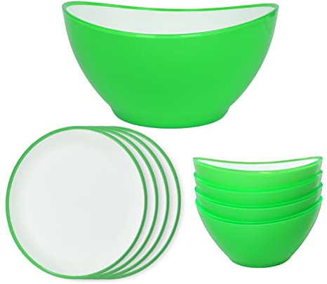 Linden Berg Geschirrset aus Kunststoff, 1x Schüssel groß 3,5 Liter, 4x Schüsseln klein 0,5 Liter, 4x Teller rund 25 x 23,5 cm, bruchsicher, kratzfest, Spülmaschinengeeignet, grün weiß