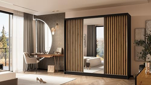 ALTDECOR Kleiderschrank mit Spiegel und Schiebetüren, kugelgelagerte Führungsschienen und Aluminium-Leisten, LED-Beleuchtung (16 Farben) und Fernbedienung - LAMELO- 240 cm Schwarz + Artisan + Schwarz