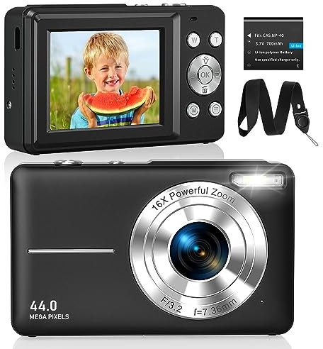 CAMKORY Digitalkamera Fotokamera FHD 1080P 44MP Kompaktkamera 16X Digitalzoom Fotoapparat Digitalkamera Klein Einfache Bedienung Bildstabilisator mit Akku für Kinder Anfänger Jungen Mädchen Schwarz