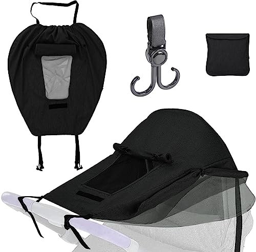 Universal Kinderwagen Sonnensegel, Sonnenschutz für Kinderwagen, Sonnensegel Kinderwagen, mit Sichtfenster und Seitenflügel, Verstellbar, UV Schutz 50+ und Wasserdicht(Schwarz)