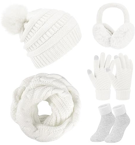 Xnova Wintermütze Damen Fleece Gefütterte Schal Handschuhe Ohrenwärmer und Socken Set 5 in 1, Warme Winddicht Touchscreen Handschuhe Strickset Combo Winterzubehör Geschenke Für Frauen(Beige)