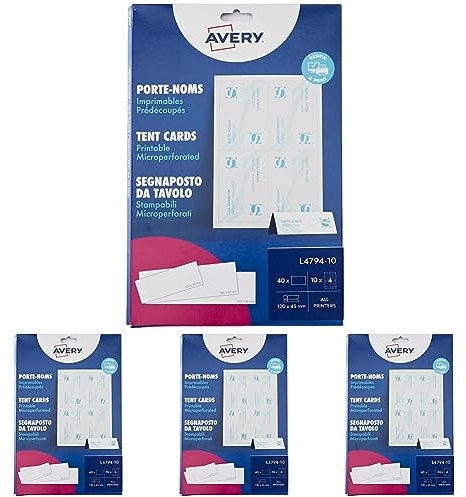Avery Zweckform L4794-10 Tischkarten (40 Stück, 120 x 45 mm, 190 g/m²) 10 Blatt weiß (Packung mit 4)