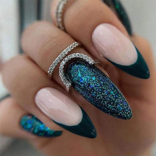 24pcs French Tip False Nails Almond Stick on Nails Glitter Dark Green Press on Nails Removable Glue-on Nails Full Cover Fake Nails Women Girls Nail Art Accessories