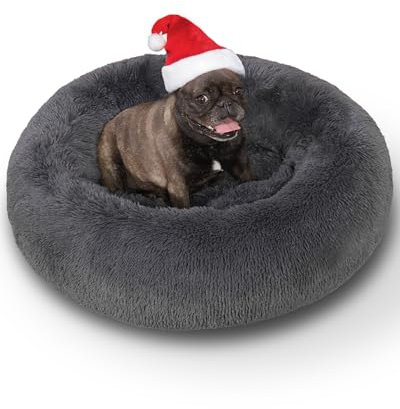 KSIIA Hundebett Flauschig, Katzenbett, Ø 90cm Rund Donut Hundekissen Waschbar, abnehmbare Abdeckung, Langer Plüsch Hundekorb Katzenkorb Katzenkissen für große Hunde Dunkelgrau
