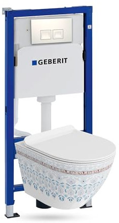 Lavita Duofix Basic Vorwandelement + Wand Tiefspül WC Sofi Slim Folklor Spülrandlos + WC Sitz + Bedienplatte Delta 25 Weißer Knopf Komplettset Unterputz Spülkasten Toilette Komplett Sett WC