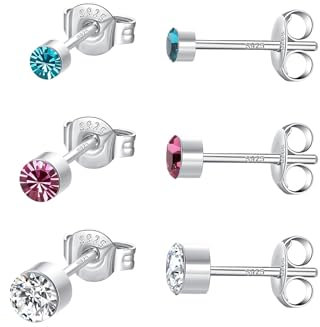 3 Paare Sterling Silber 925 Ohrstecker Set, 3/4/5mm Leichtgewicht Kleine Rot Blau Weiß Zirkonia Ohrringe Stecker, Hypoallergene Rund Schläfer Ohrringe Geschenk für Frauen Mädchen