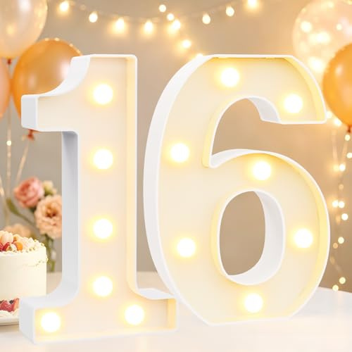 8.8 Decorative LED Light Up Numbers, Marquee Numbers Lights for 16th Birthday Decorations, Lighted Number Sign for Birthday Party Night Lights Anniversary Backdrop Home Decor, White Number 16