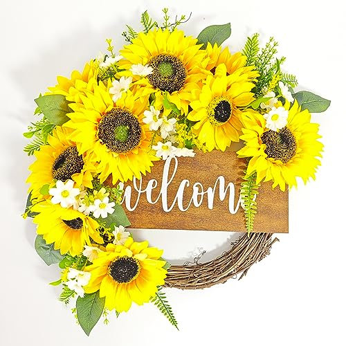 ZHDOKA Artificial Sunflower Wreath, Yellow Silk Sunflower Wreath with White Daisy and Welcome Sign, Front Door Spring Sunflower Rattan Wreath for Indoor Outdoor Wall Wedding Home Decor(Yellow)