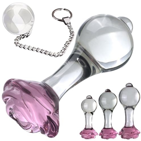 ScreaAss Großer Glas Anal Plug Kristall Rose Basis Anal Perlen Glas Dildo Mit 5Cm Anal Kugeln Metallkette Butt Plug Für Frauen 35/40/45Mm Klar Glas Analdildo SM Sexspielzeug Für Männer,Clear,L/Set