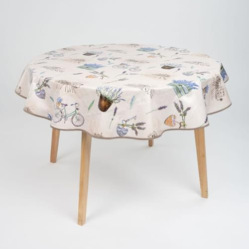 laro 140cm runde Wachstuch Tischdecke abwaschbar Wachstuchtischdecke mit Saum-Eingefasst-Paspelband, Muster:Lavendel Blau Weiß, Größe: Rund 140cm