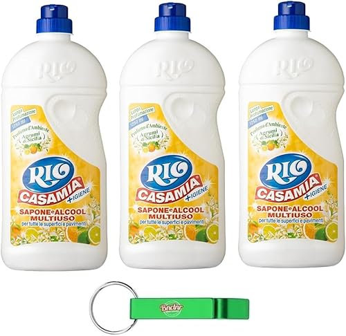 3x Rio Casa Mia - Igiene Sapone e Alcool Multiuso Agrumi di Sicilia - Detergente per Pavimenti e Superfici 1250ml + Portachiavi Beni Culinari in Omaggio