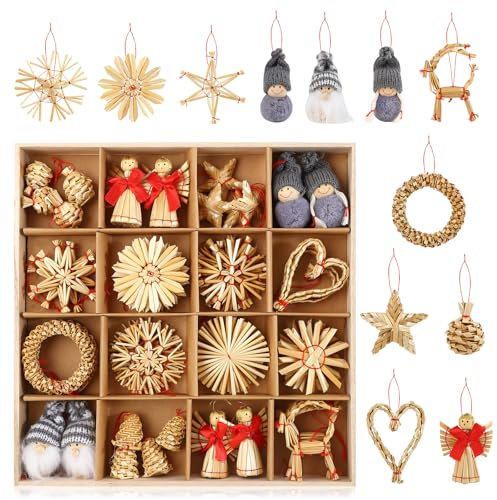 Anstore 58 Teiliges Strohsterne Christbaumschmuck, Weihnachtsbaumschmuck Set aus Stroh, Strohsterne für Baumschmuck Weihnachten & Natürlicher Weihnachtsdekoration