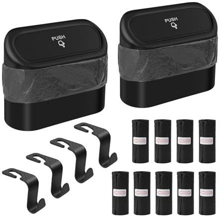 Wantli 2 Pièce Petite Poubelle de Voiture avec Couvercle,Boîte de Rangement Suspendue Portable,Mini Poubelle Voiture Étanche Multifonctio,Avec 135 Sacs Poubelle,4 crochets, pour Voiture,Maison,Bureau