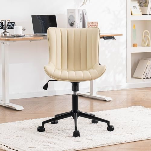 YOUTASTE Bürostuhl Ergonomisch, Schreibtischstuhl Höhenverstellbar, Bürostuhl mit PU-Leder & Rollen, Drehstuhl Wippfunktion, Computerstuhl 136 kg Belastbar, Beige