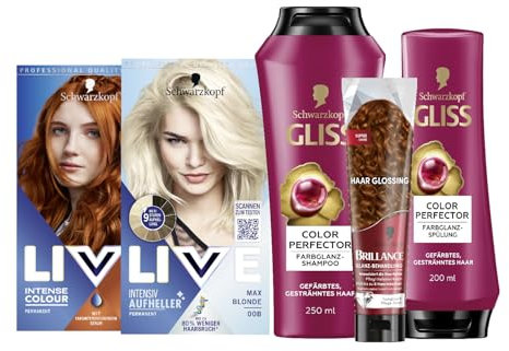 Schwarzkopf LIVE Intense Colour PROFI-SET mit Haarfarbe 077 Caramel Copper & Aufheller Max Blonde 00B, Blondierung & GLISS Shampoo & Spülung Colour Perfector & BRILLANCE Haar Glanz Glossing Kupfer