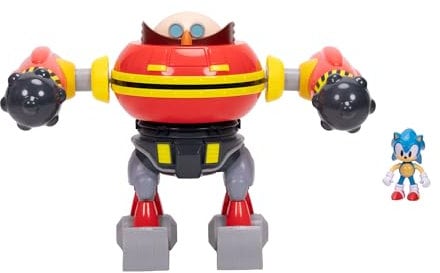 Sonic The Hedgehog Giant Eggman Robot Battle Set Officially Licensed by Jakks Pacific, 9 / 22.9 cm Tall Play Set, Cannon Shooting Egg Man Robot with Sonic Figure Included, For Boys