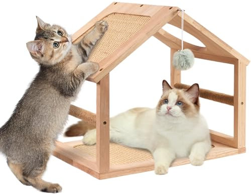 LitaiL Katzenhaus Holz mit Sisal Kratzbrett, 41cm Lange, Katzenhöhle in Hausform, Kratzbretter Katze für Sofaschutz, Kratzhaus aus Massivholz, Cat Scratcher