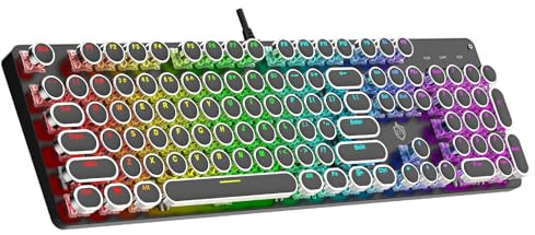 Typewriter Mechanical Gaming Keyboard with RGB Backlit Red Switches, 104 Keys Retro Round Keycap, Wired Typewriter Style Comfortable Typing Soud (Black RGB)
