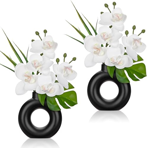 Oairse 2PCS Small White Orchid Artificial Flowers in Black Ceramic Pot Silk Orchid Floral Arrangement Fake Orchid Plant for Home Office Dining Room Shelf Table Centerpiece Decoration