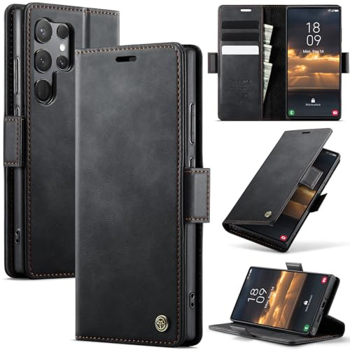 Cracedily Handyhülle für Samsung Galaxy S23 Ultra Hülle Premium PU Leder Klappbar Stoßfeste Tasche Flip Case [RFID Blocker] Magnet Kartenfach Standfunktion Klapphülle Schutzhülle für S23 Ultra,Schwarz