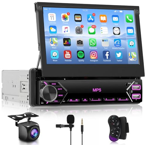 Hodozzy Pantalla Táctil Plegable de 7 Pulgadas, Radio de Coche 1 DIN con Bluetooth, Reproductor MP5 con Radio FM, Mirrorlink, Conector Tipo C, Puertos USB y AUX, Disco U, Control del Volante y Cámara