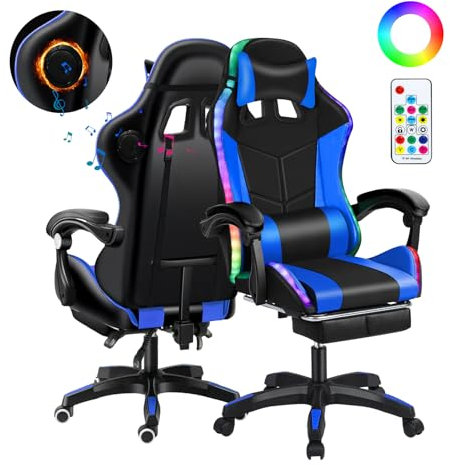 curfair Fauteuil Gamer avec Haut-Parleurs Bluetooth & LED RGB - Chaise Gaming Massante à Dossier Haut (Pivotante 360°) - Siège Bureau Réglable en Hauteur