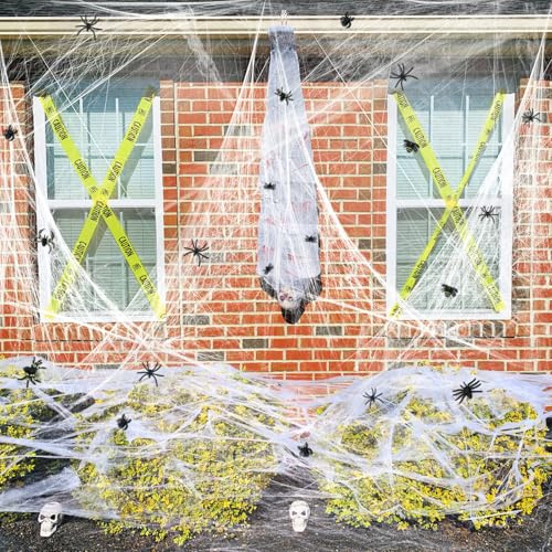 KATISHYRO Halloween Deko Spinnennetz Set,200g Dehnbare Spinnennetze und 40 Künstliche Spinnen,Realistisch Partyzubehör für Outdoor Garten Innen Horror Party Hängende Gruselig Deko