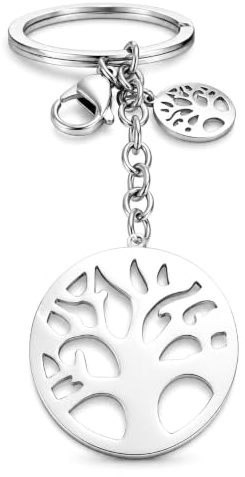 DEIMODRA Portachiavi Albero della Vita Acciaio | Ciondolo Portafortuna, Idea Regalo Donna Uomo per le Chiavi di Casa, Ufficio, Auto, Moto, Scooter, Borsa Zaino, Argento